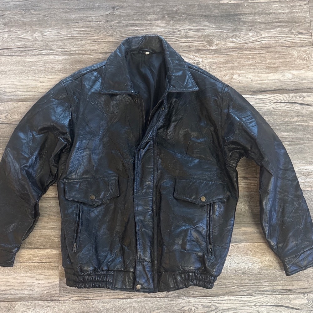 Vintage 80's  Mens Black Leather Patchwork Design Bomber Jacket XL Quilted Panel